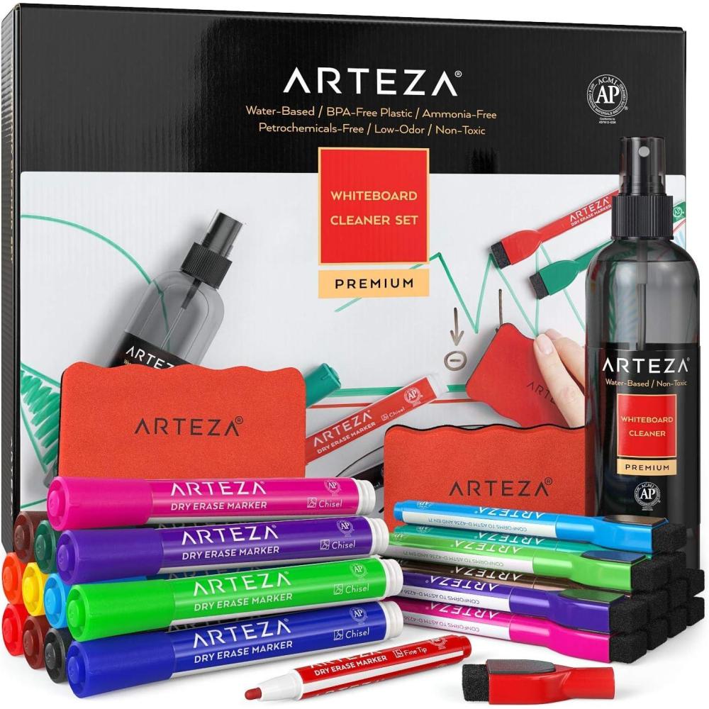 ARTEZA Whiteboard Cleaner Set with 12 Fine Tip Dry Erase Markers, Magnetic Eraser & an 8-ounce Cleaner, Office Supplies for Whiteboards, Glass Boards(27)