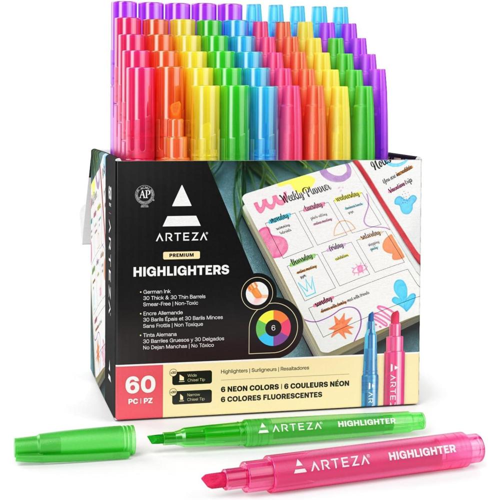 ARTEZA Highlighters – Bulk Set of 60 Neon Colors with Broad and Narrow Chisel Tips, Non-Toxic Quick-Dry Markers for School, Office, Journaling & Notes(1 Count (Pack of 60))