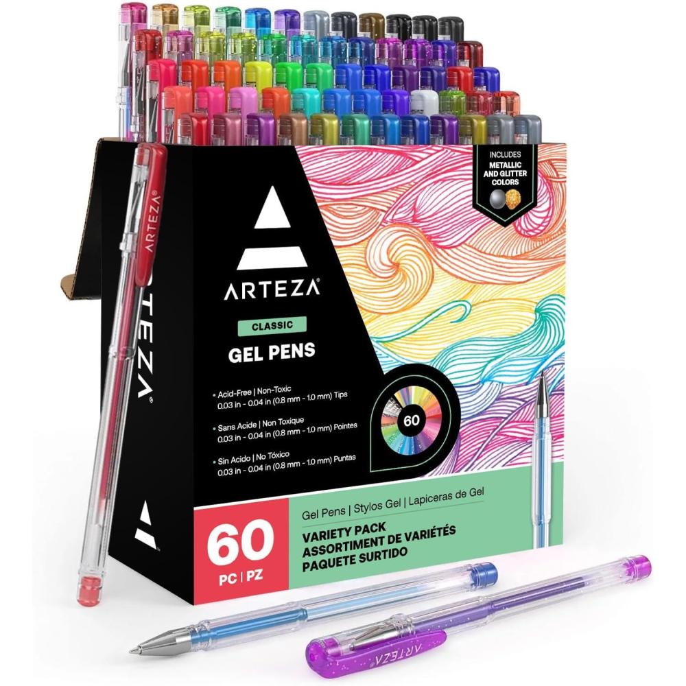 ARTEZA Gel Pens Ink Refills 60-Individual-Color-Bundle Acid-Free (0.8-1.0 mm Tips, Set of 60)(Set of 60)